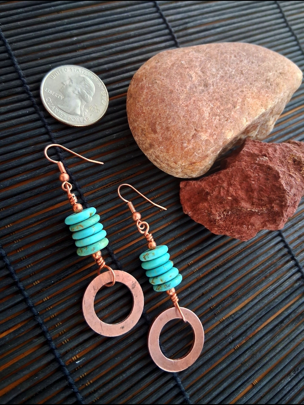 Magnesite Turquoise Stack Copper Hoop Drop Earrings - Women Jewelry